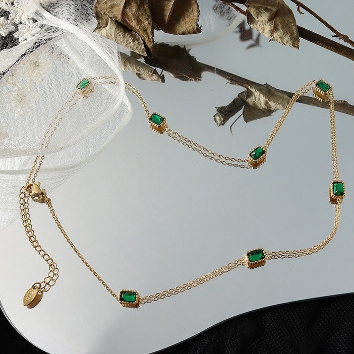 Dainty 18k stainless steel green rectangle chokers zircon fashion necklaces gold chain necklace collar de acero inoxidable