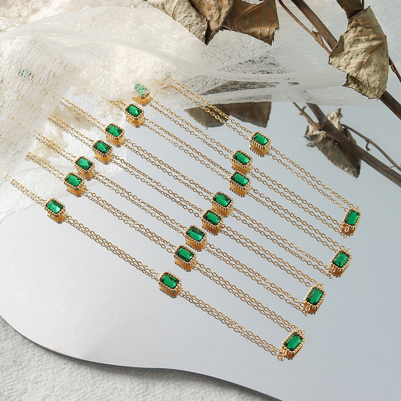 Dainty 18k stainless steel green rectangle chokers zircon fashion necklaces gold chain necklace collar de acero inoxidable