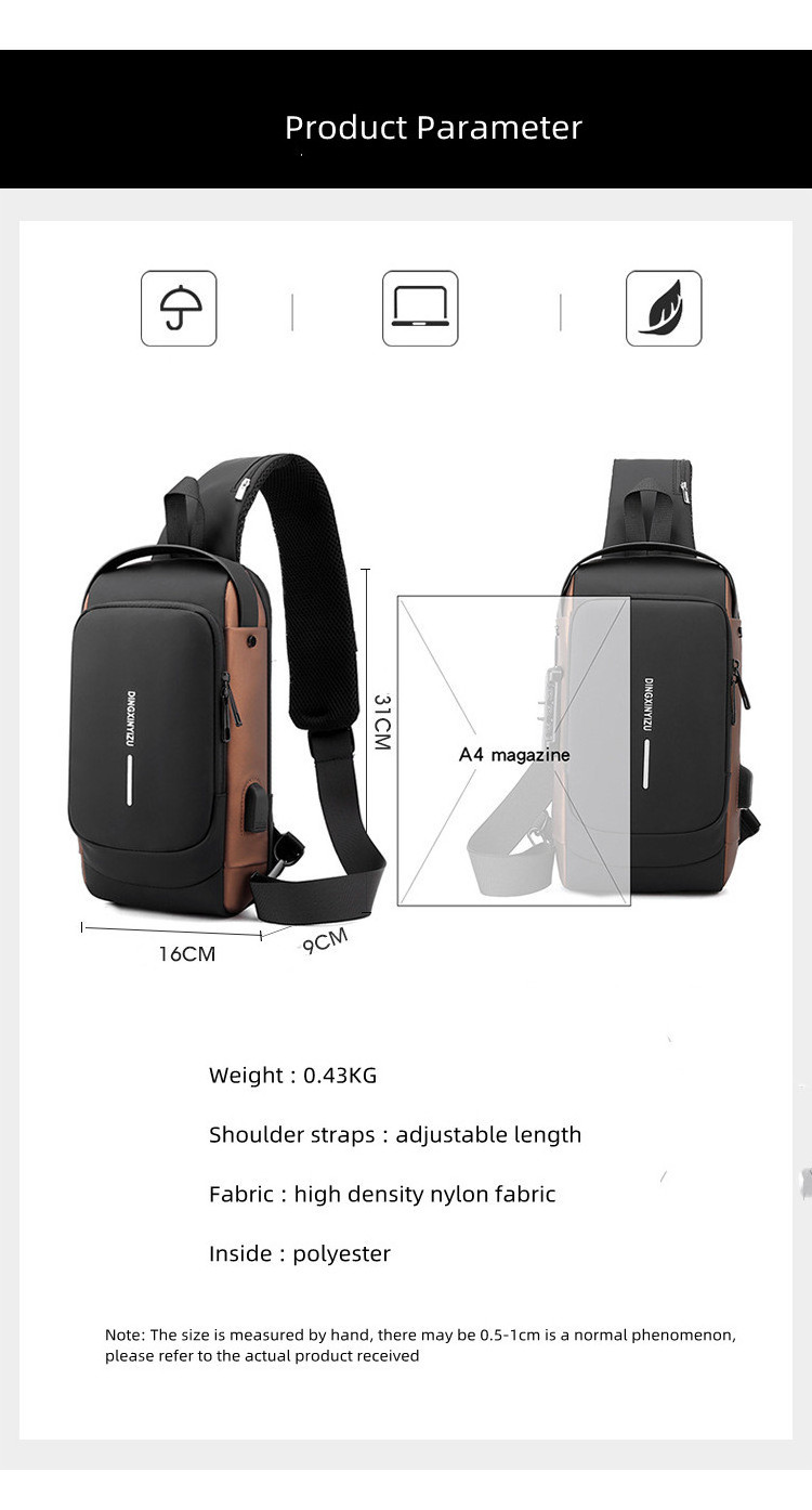 USB Charger Men Crossbody Sling Backpack Anti theft Password Lock Women Sling Bag Messenger Travel Hiking Chest Bags for men