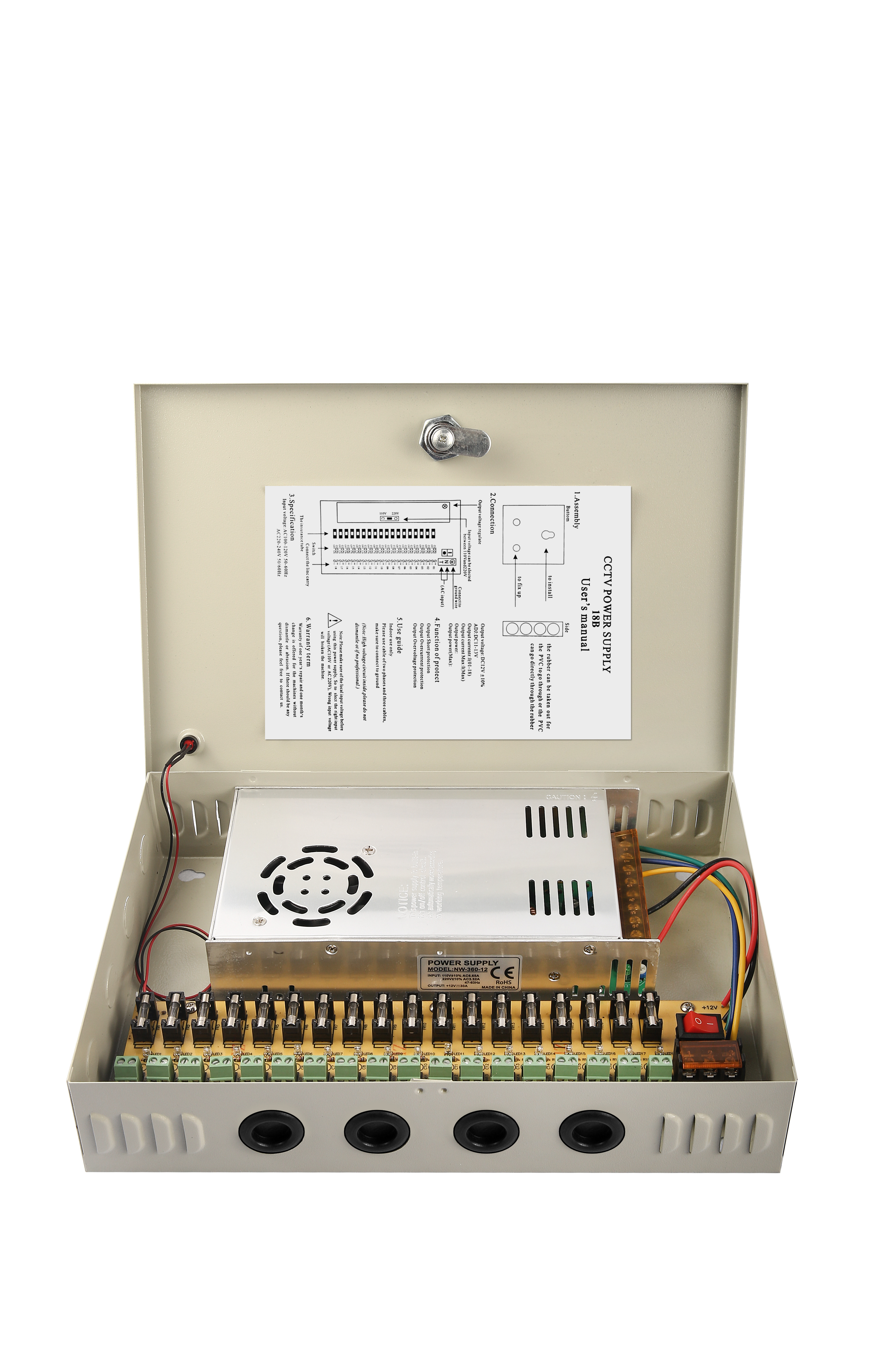 White Metal 12V 10A CCTV Power Supply Box Cabinet 120W Switching Mode Power Supply Box with 18 Channel Port Output