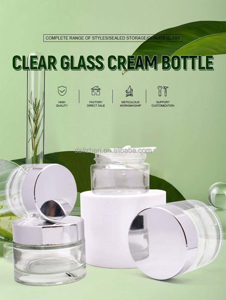 Clear glass cream jar with silver lid cosmetic empty package bottle for cream