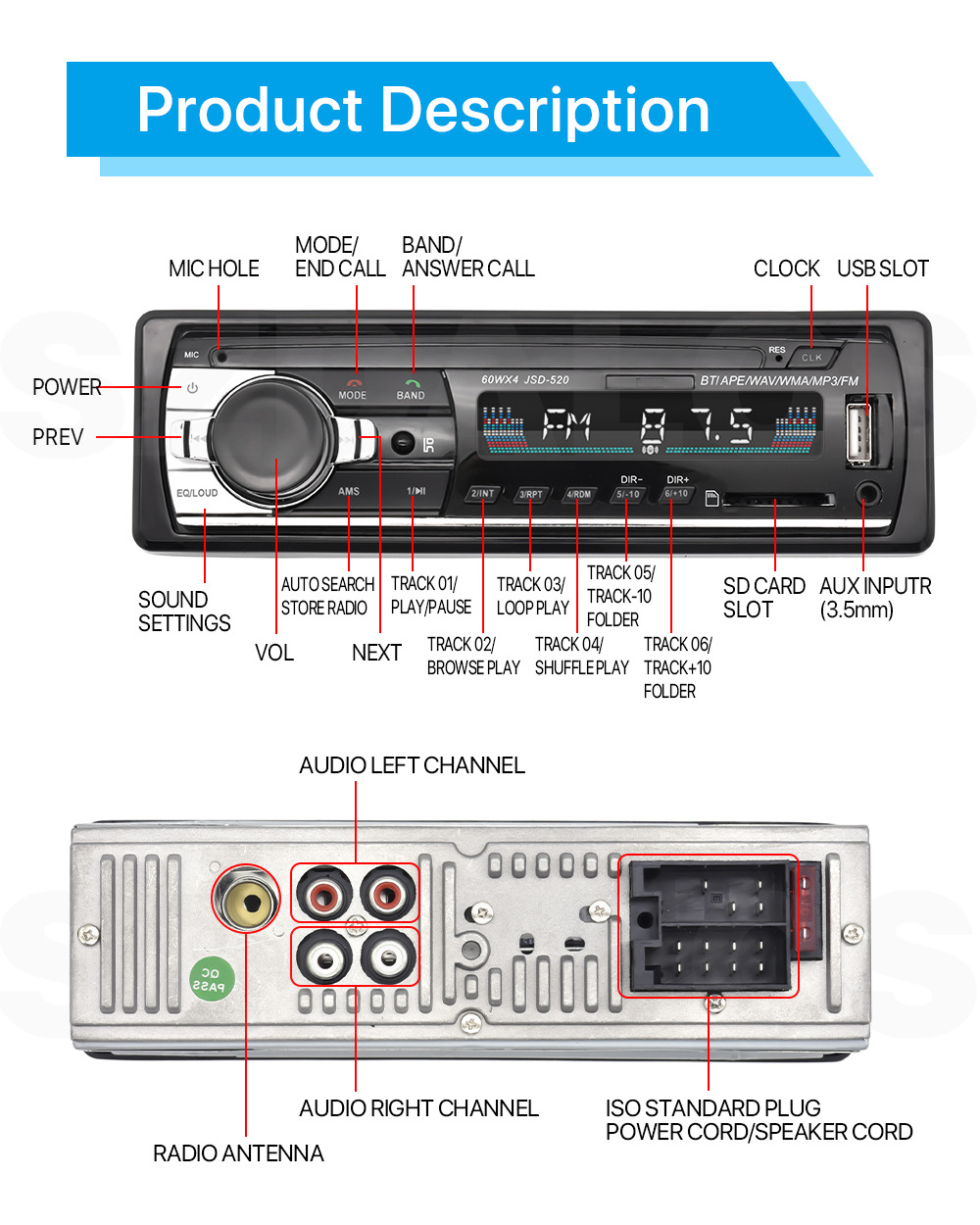 Car Stereo Radio BT FM MP3 Aux with USB SD 520