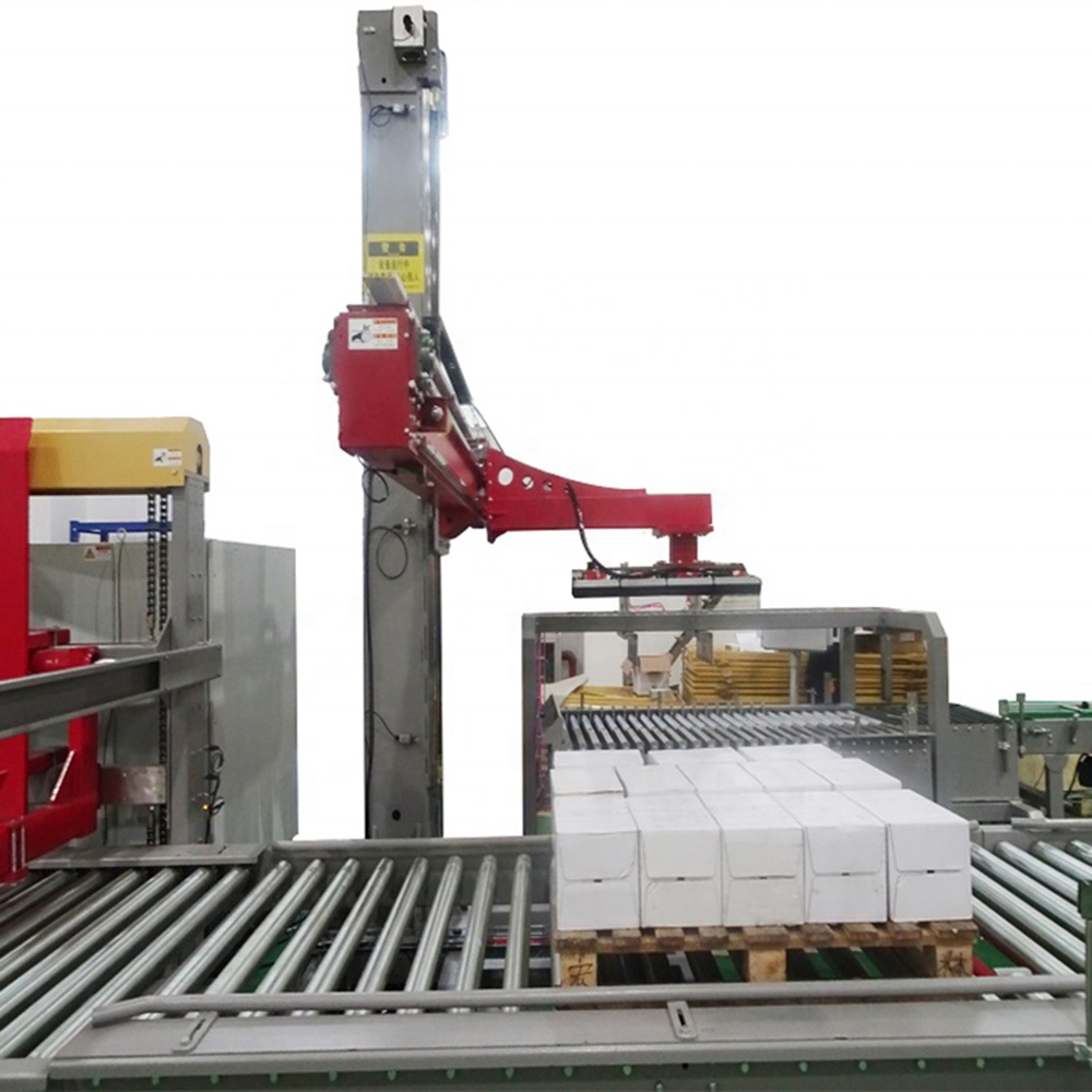 Automatic carton packing palletizing line,Single Arm Rotate Column Carton Case Palletizer Machine