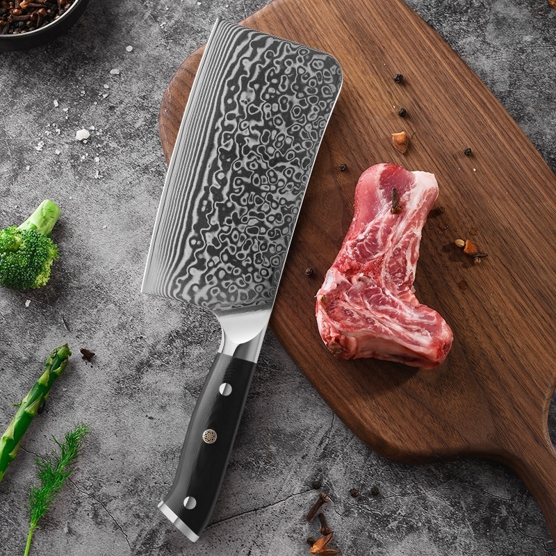 AMSZL Professional 7 inch 67 layers Damascus Cleaver Chopping Kitchen Knife G10 Handle Heavy Duty Bone Chopper Knife