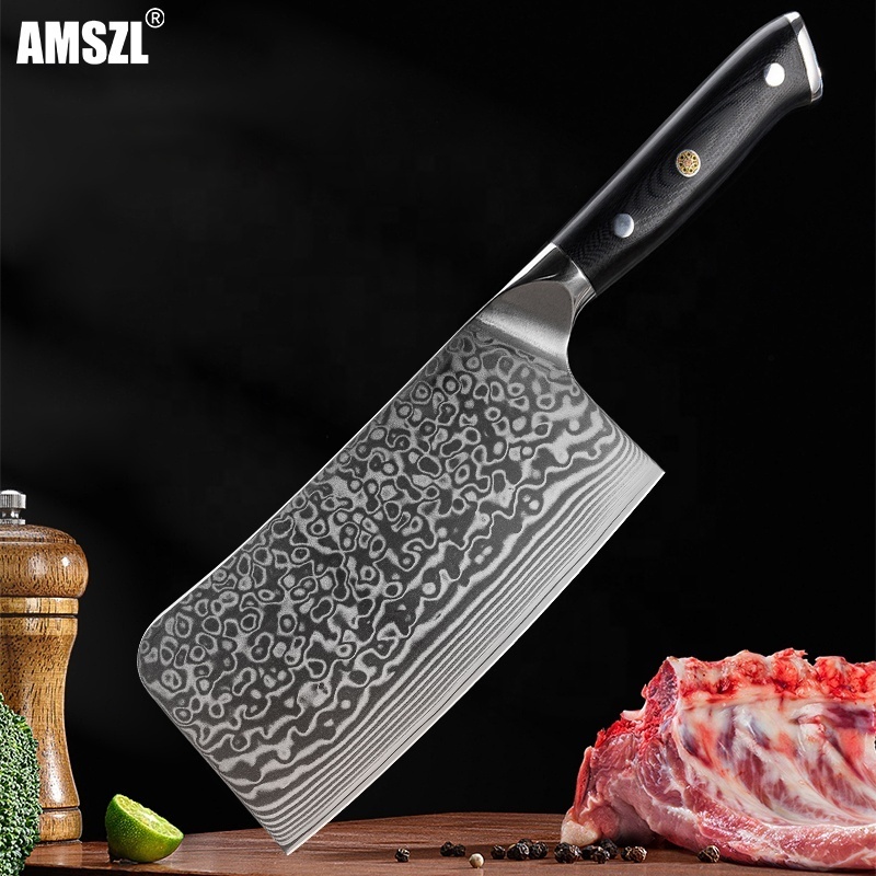 AMSZL Professional 7 inch 67 layers Damascus Cleaver Chopping Kitchen Knife G10 Handle Heavy Duty Bone Chopper Knife