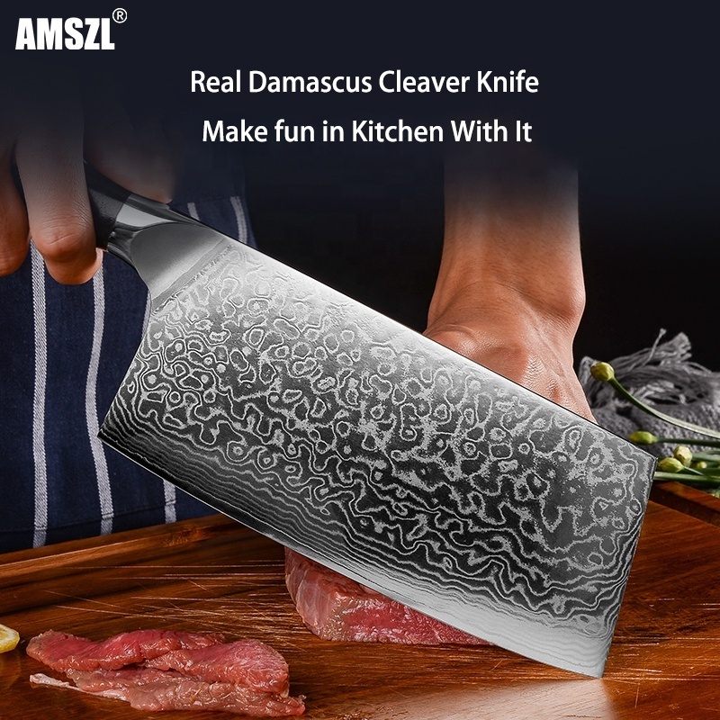 Amszl 67 Layers 10Cr15Comov Damascus Kitchen Knife G10 Handle Large Butcher Knife Chopper Chef Cleaver Knife