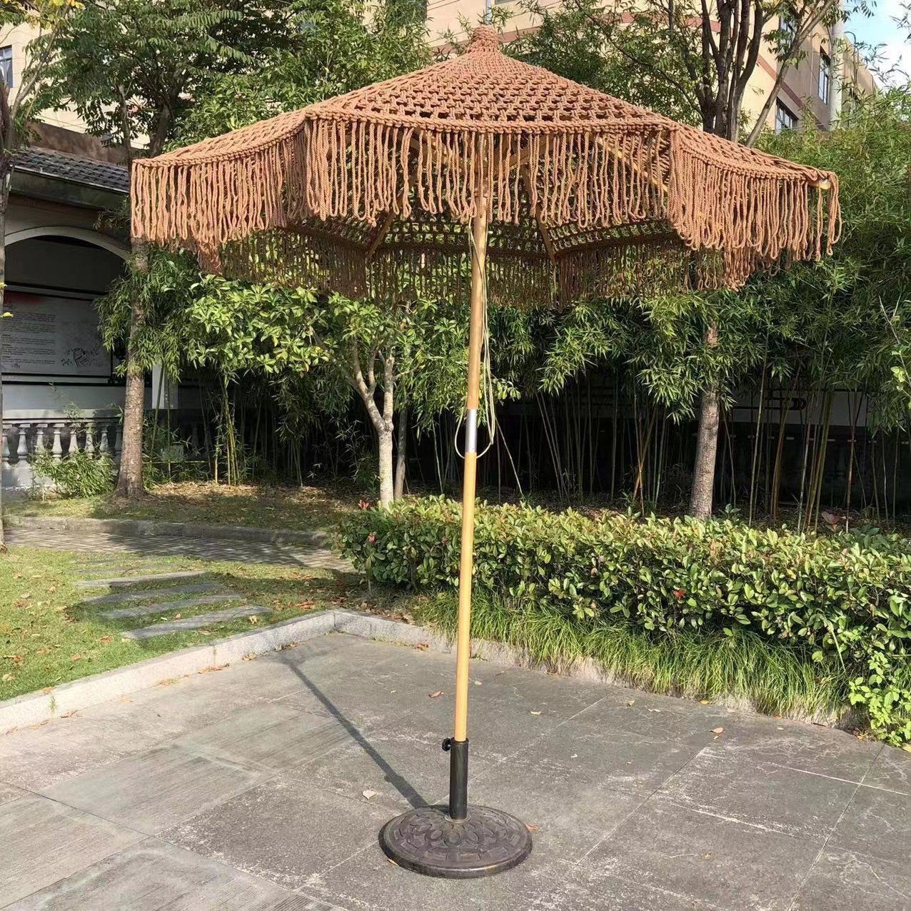 Beach Outdoor Wooden Umbrella Handmade Cotton Tassels 2.2m Parasol Macrame Ropes Umbrella with Tassel Polyester Umbrella Patio