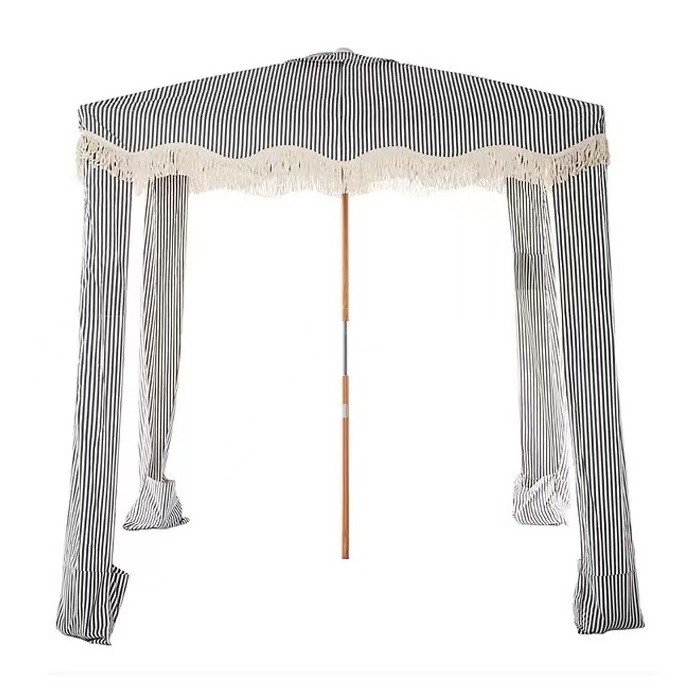 Customized Square Beach Cabana Tent Tassels Umbrella Wood Outdoor Garden Umbrella Polyester Outdoor Furniture Wood Pole Modern