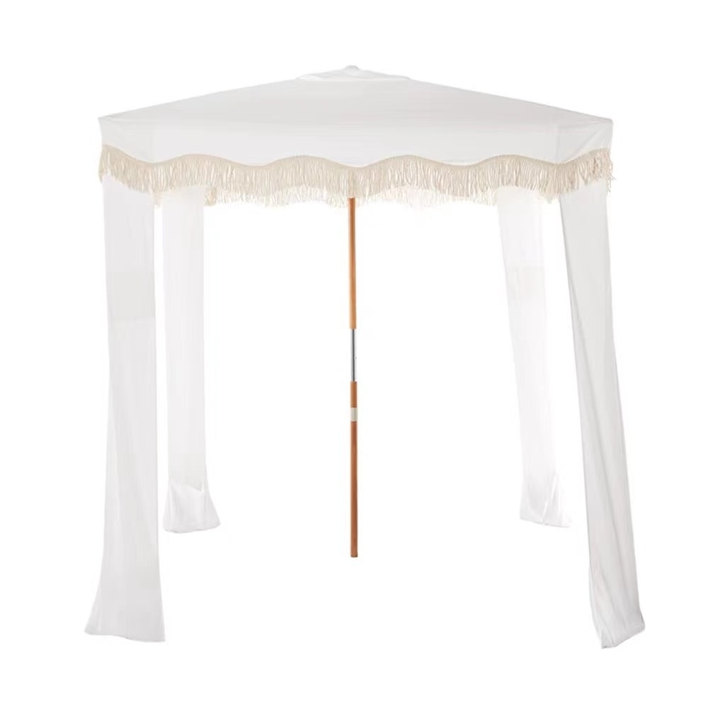 Customized Square Beach Cabana Tent Tassels Umbrella Wood Outdoor Garden Umbrella Polyester Outdoor Furniture Wood Pole Modern