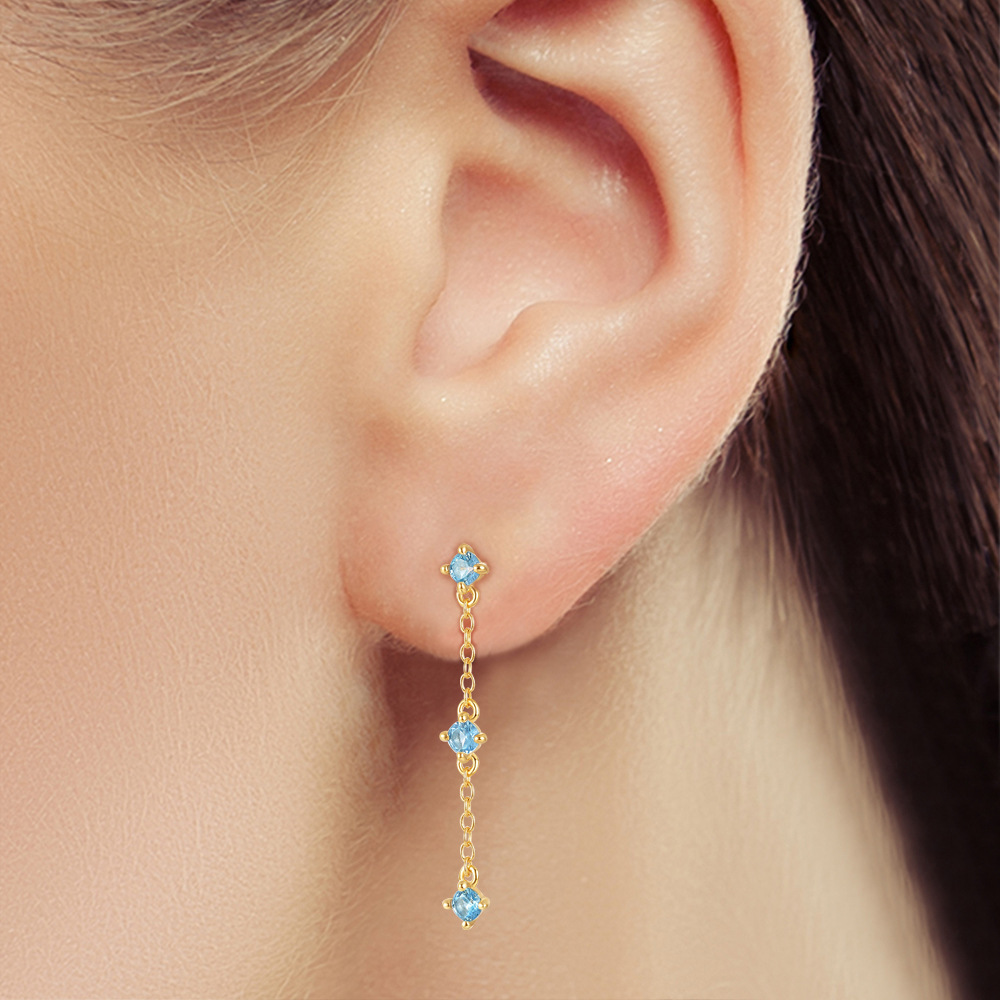 Elegant Fancy 925 Sterling Silver 18K Gold Blue Zircon Diamond Bead Long Tassel Dangle Stud Earrings for Women