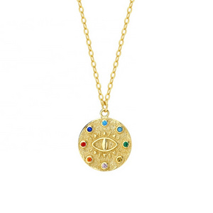 New trends 925 sterling silver vintage jewelry 18k gold plated colorful zircon round evil eye coin pendant necklace