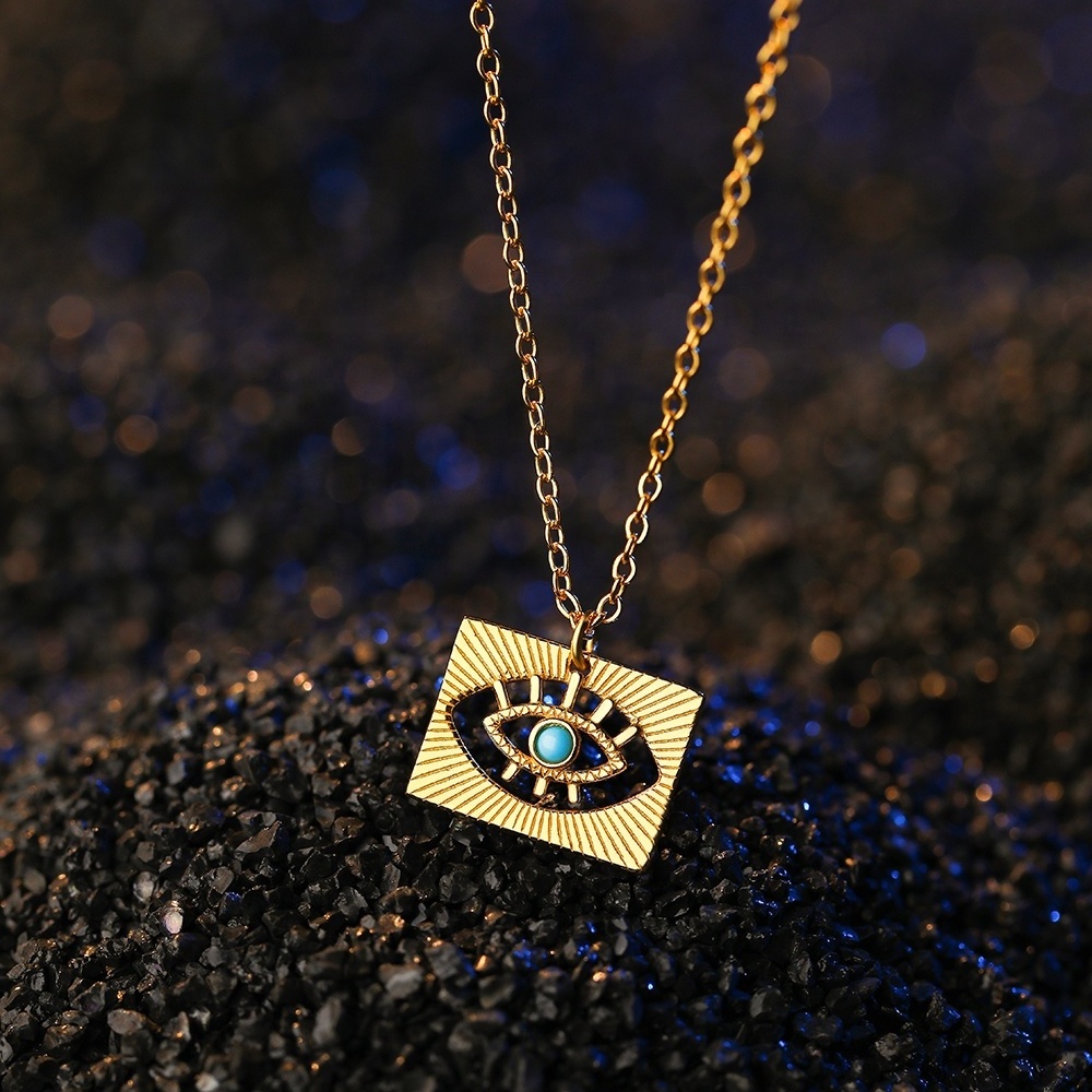 Damila 925 sterling silver statement jewelry 18k gold plated hollow out turquoise evil eye square coin necklace