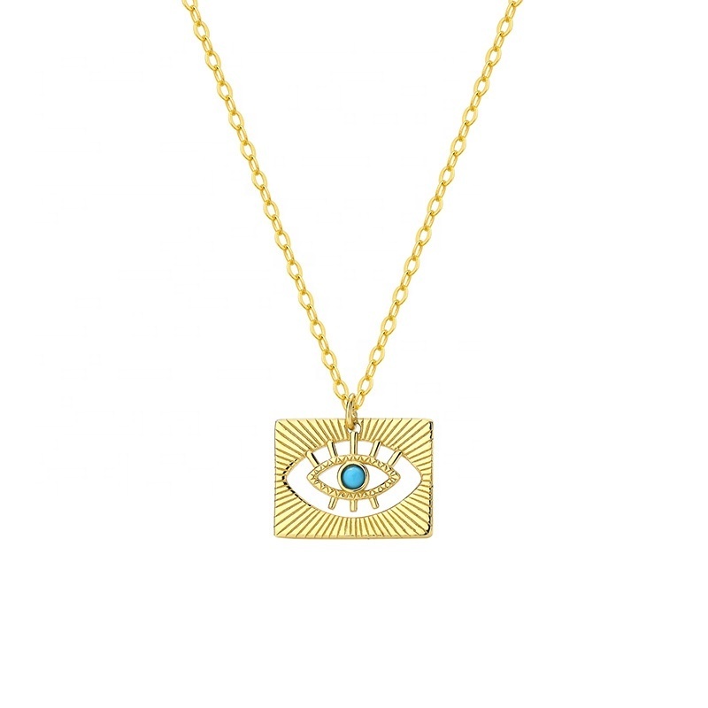 Damila 925 sterling silver statement jewelry 18k gold plated hollow out turquoise evil eye square coin necklace