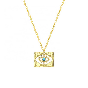 Damila 925 sterling silver statement jewelry 18k gold plated hollow out turquoise evil eye square coin necklace