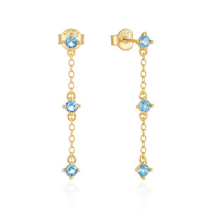 Elegant Fancy 925 Sterling Silver 18K Gold Blue Zircon Diamond Bead Long Tassel Dangle Stud Earrings for Women