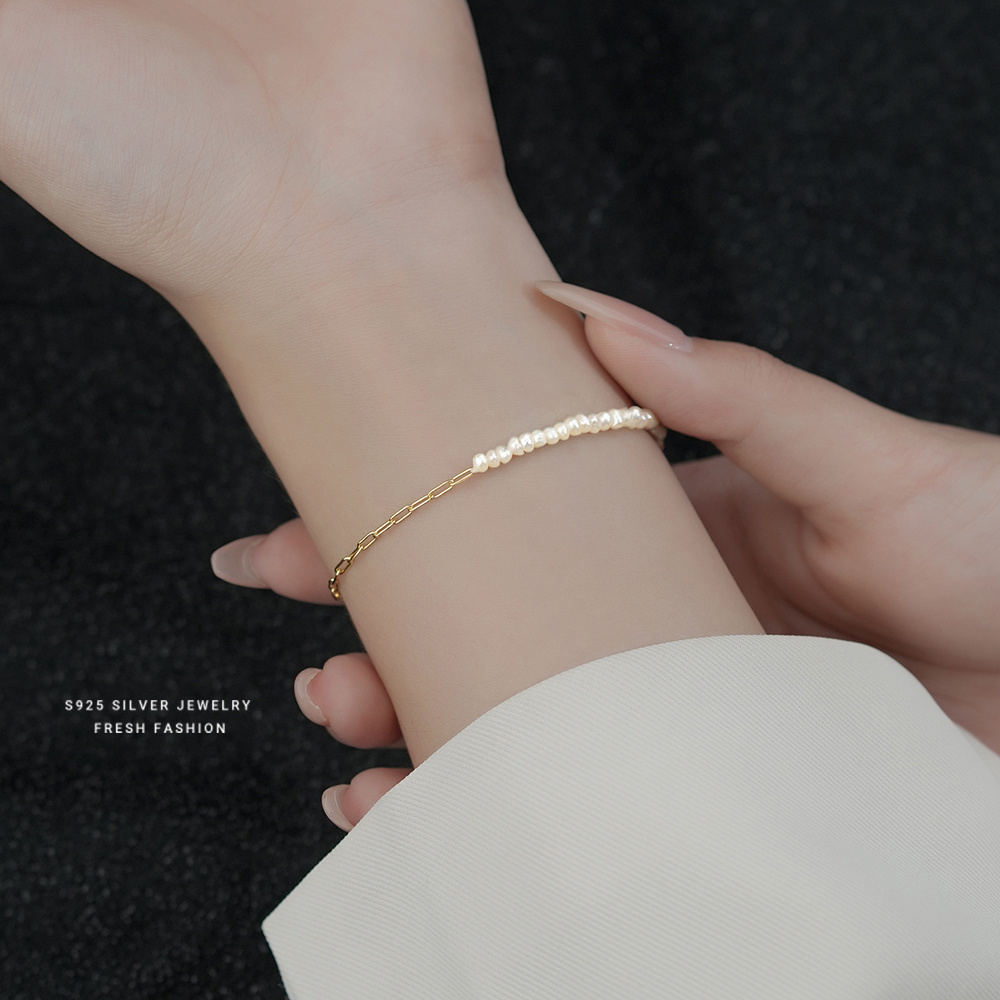 Trending Asymmetric 18K Gold Bracelets paperclip chain 925 Silver Jewelry Irregular natural pearl Bracelets for women