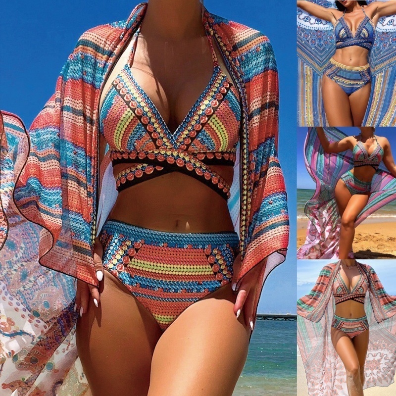 Swimwear Beachwear Tribal African Print Swimsuit Three Piece Beach Wear Fashion High Waist Bikini Cover Up Bathing Suits 2024