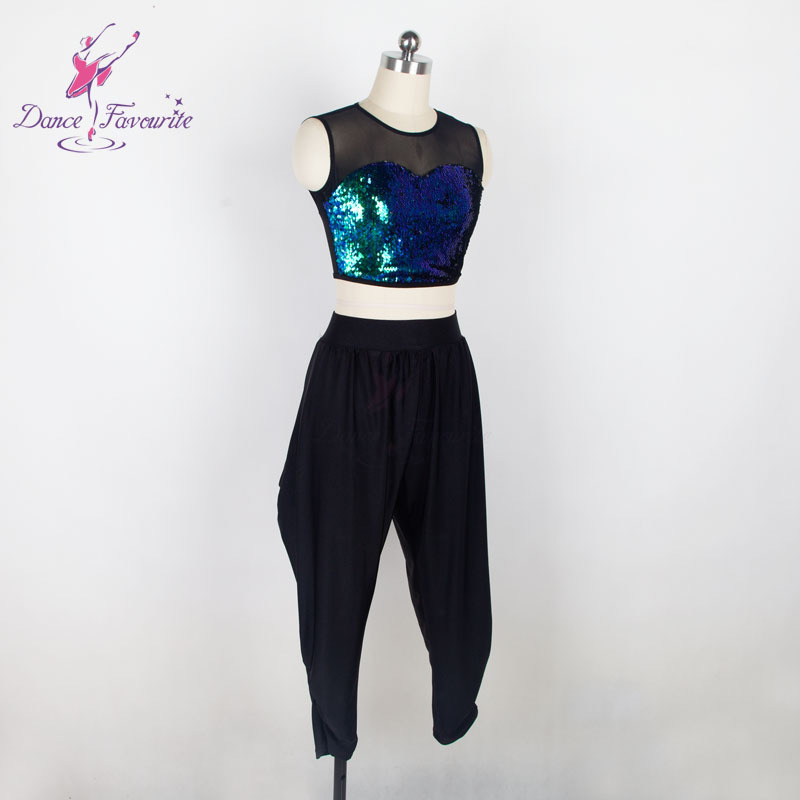 18037 2 in 1 Jazz and Tap dance costume set green sequin dance top and black spandex pants