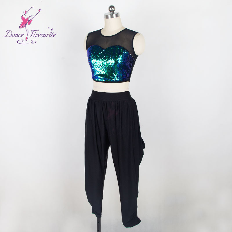 18037 2 in 1 Jazz and Tap dance costume set green sequin dance top and black spandex pants