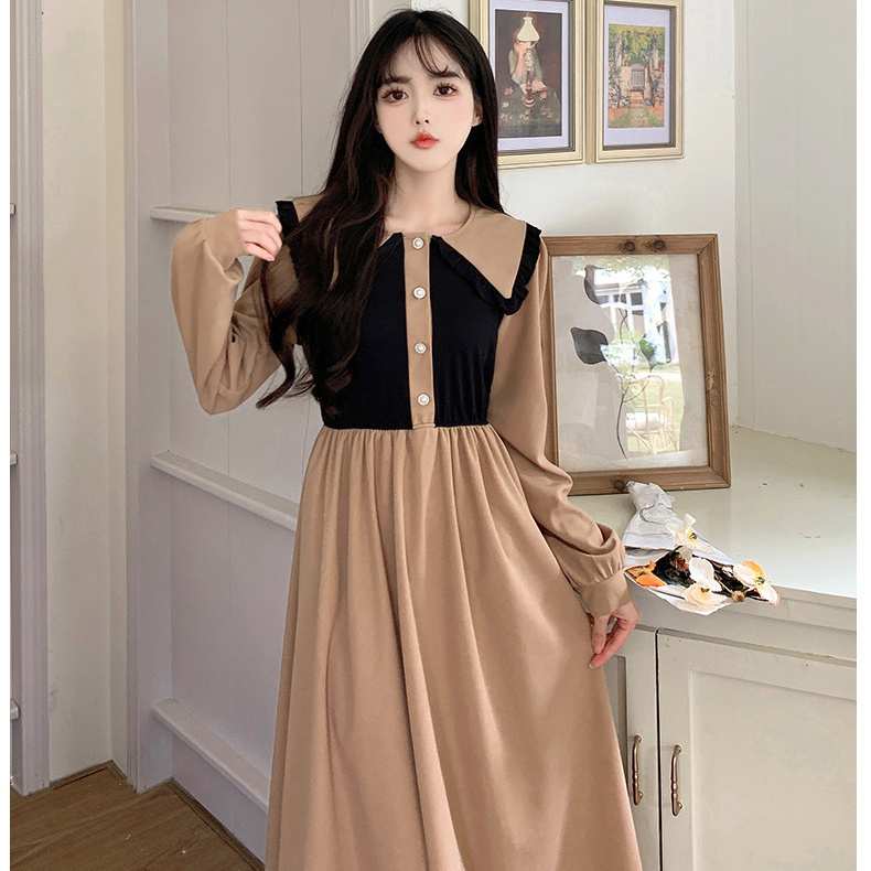 ladies clothing wholesale European and American retro two-tone decoration slim casual dresses