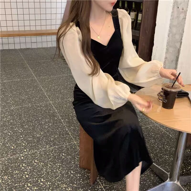 Autumn Hepburn Style Thin Square Neck Slim Mesh Stitching Puff Sleeve Velvet Dress Little Black Dress slim casual dresses