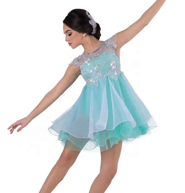 Girls dance dress adult blue ballet romantic stage dress child silver shiny lace ballet leotard costumes knee long lycria dress