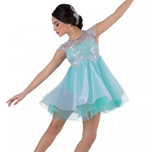 Girls dance dress adult blue ballet romantic stage dress child silver shiny lace ballet leotard costumes knee long lycria dress