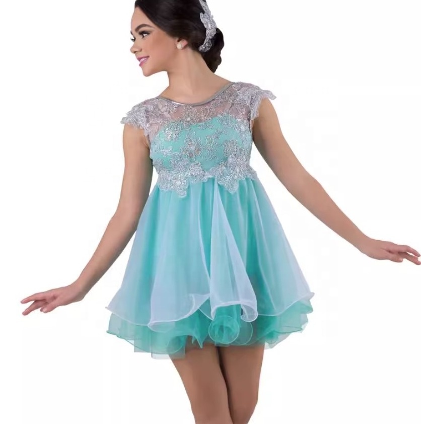 Girls dance dress adult blue ballet romantic stage dress child silver shiny lace ballet leotard costumes knee long lycria dress