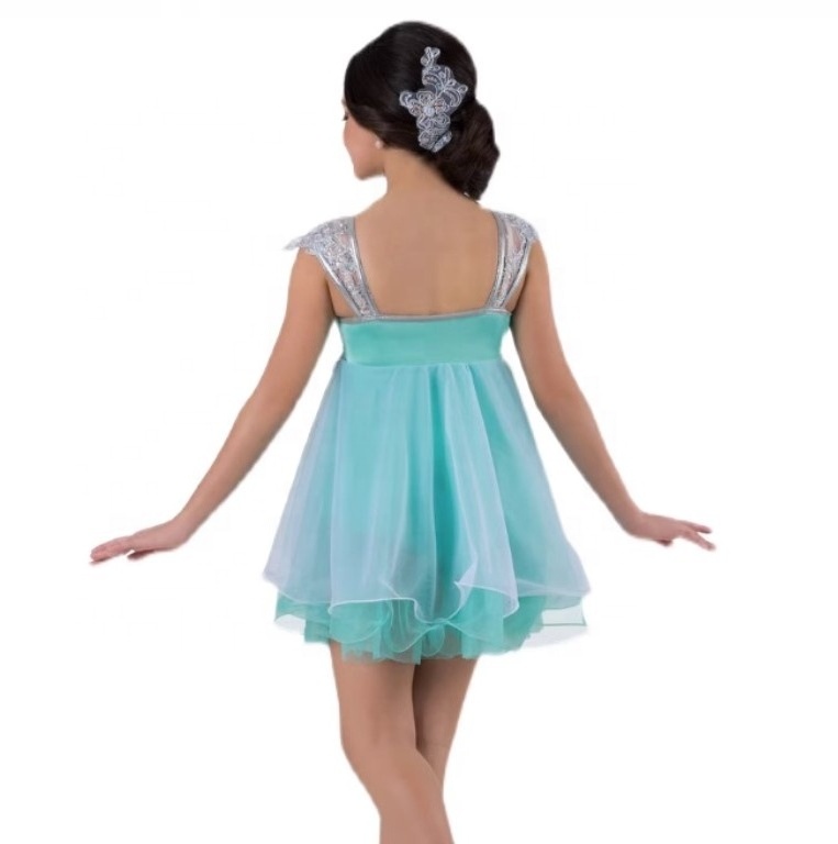 Girls dance dress adult blue ballet romantic stage dress child silver shiny lace ballet leotard costumes knee long lycria dress