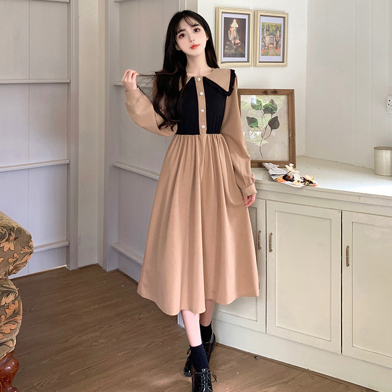 ladies clothing wholesale European and American retro two-tone decoration slim casual dresses