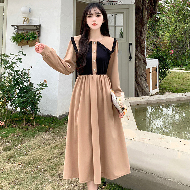 ladies clothing wholesale European and American retro two-tone decoration slim casual dresses