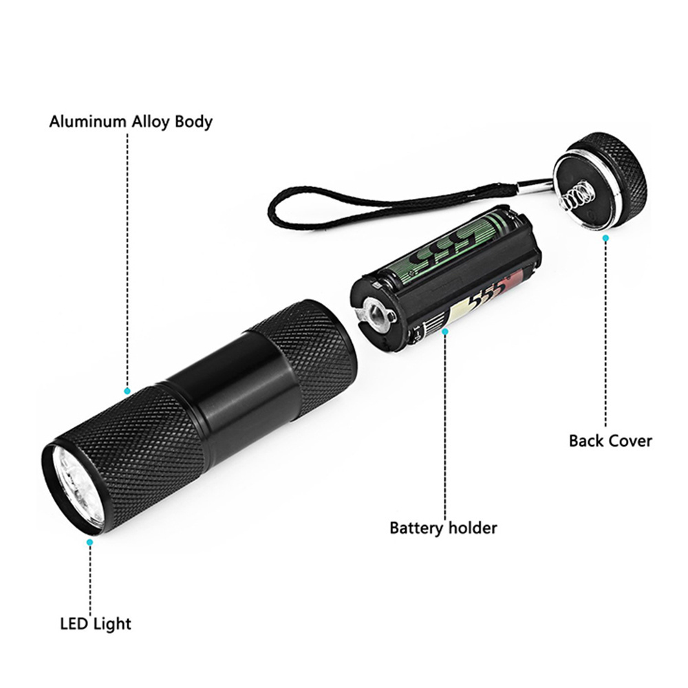 Promotion Gift Low Price 9LED UV 395nm Portable Black Flashlight Mini Keychain Torch 3xAAA Powered 9 LEDs UV Key-chain Lamp