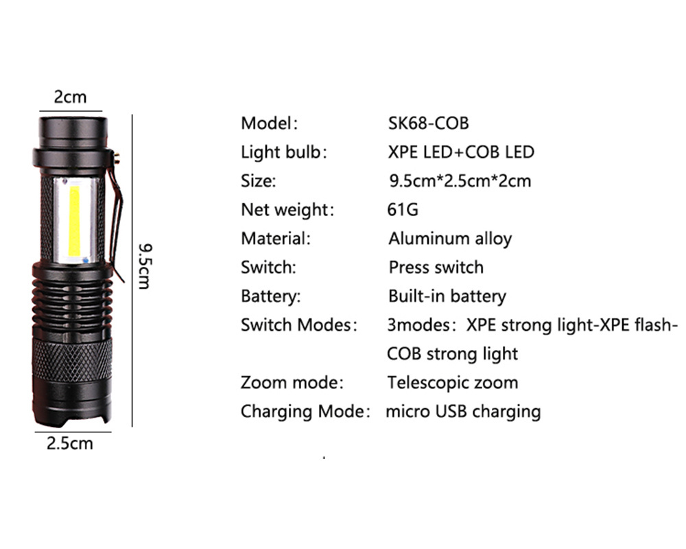 LOGO Printing Battery Built-in SK68 USB Mini Rechargeable LED Flashlight Torch COB Torch Adjustable Penlight