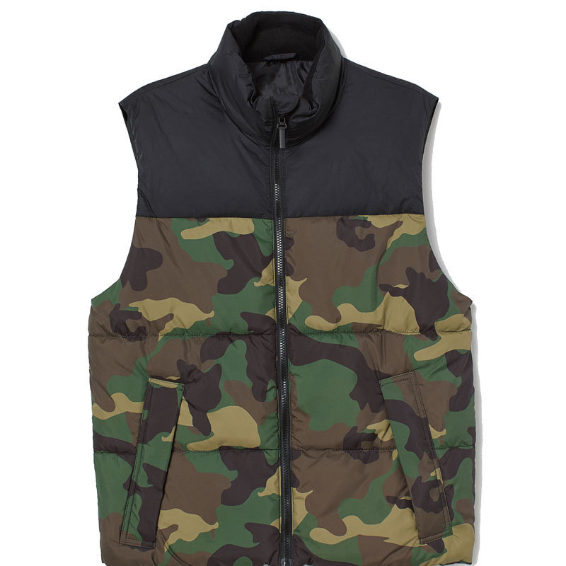 MALE WOVEN FLEECE-LINED HIGH COLLAR PUFFER VEST ZIPPER HOOK-LOOP FASTENER PATCHWORK CAMOUFLAGE PADDED VEST