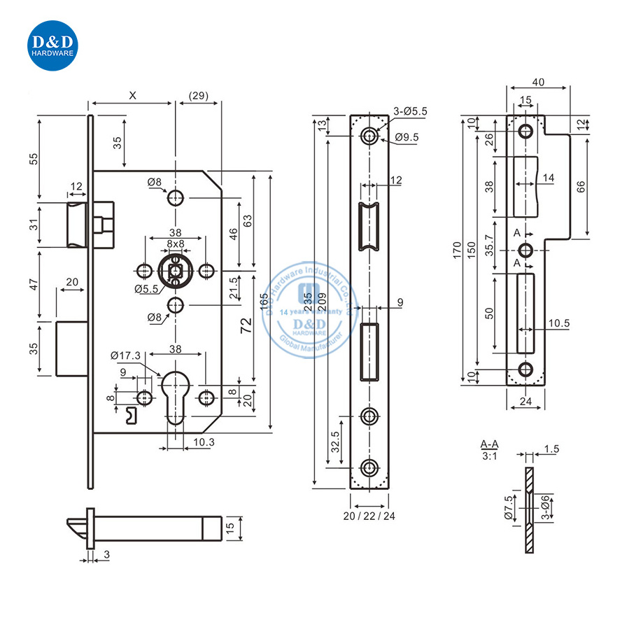 Euro Stainless Steel Deadbolt Latch Emergency Escape Commercial Door Lock for Lever Handle