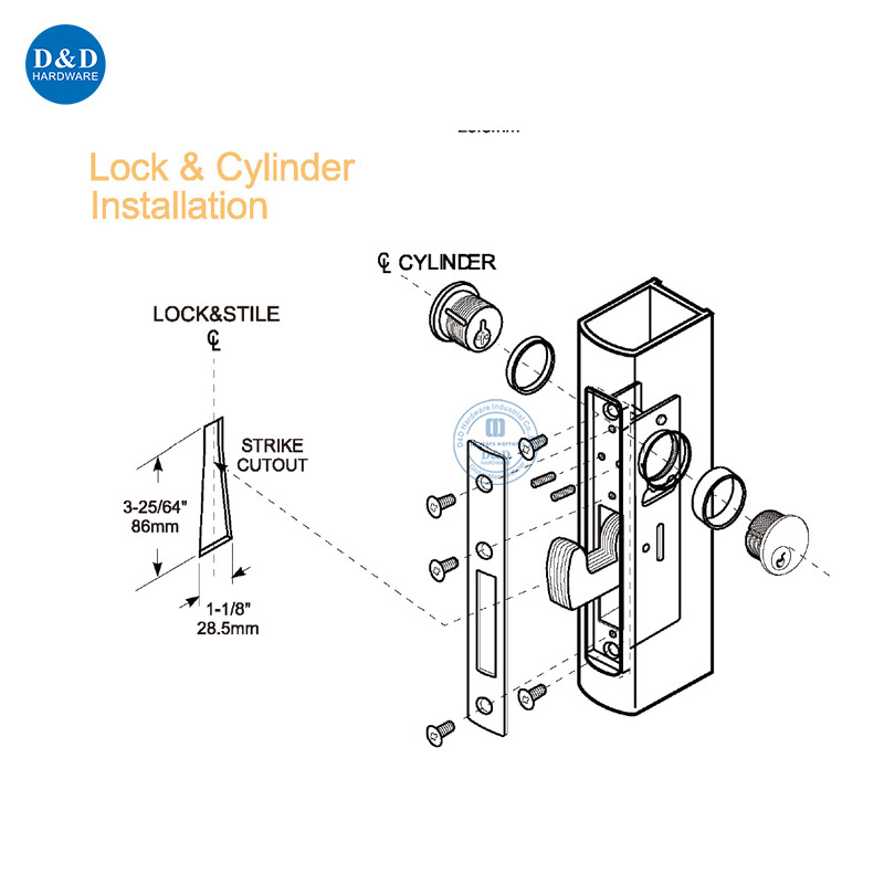 Hook Bolt Deadlock Kit Heavy Duty Commercial Door Lock with Mortise Key Cylinder for Aluminum Door