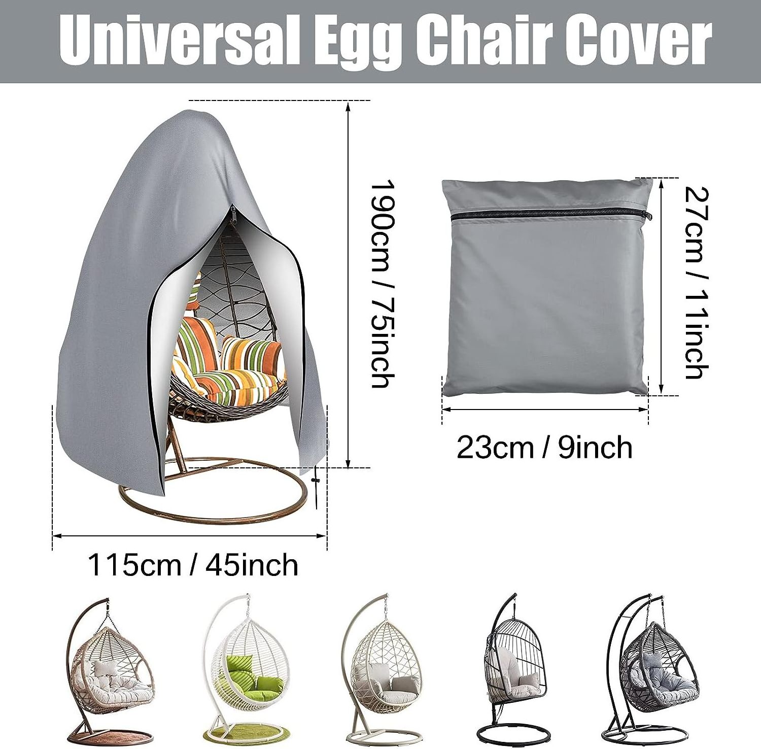 Dandelion Patio Egg Chair Cover Hanging Swing Chair Covers Waterproof Outdoor Furniture Protector 75in H x 45in D, Gray