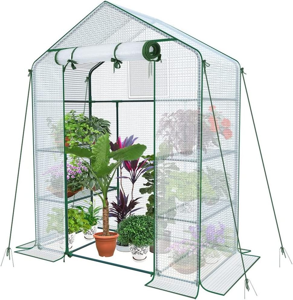 3 Tiers 6 Shelves Stands with Ground Pegs & Ropes Portable Plant Zipper Door PE GreenHouse