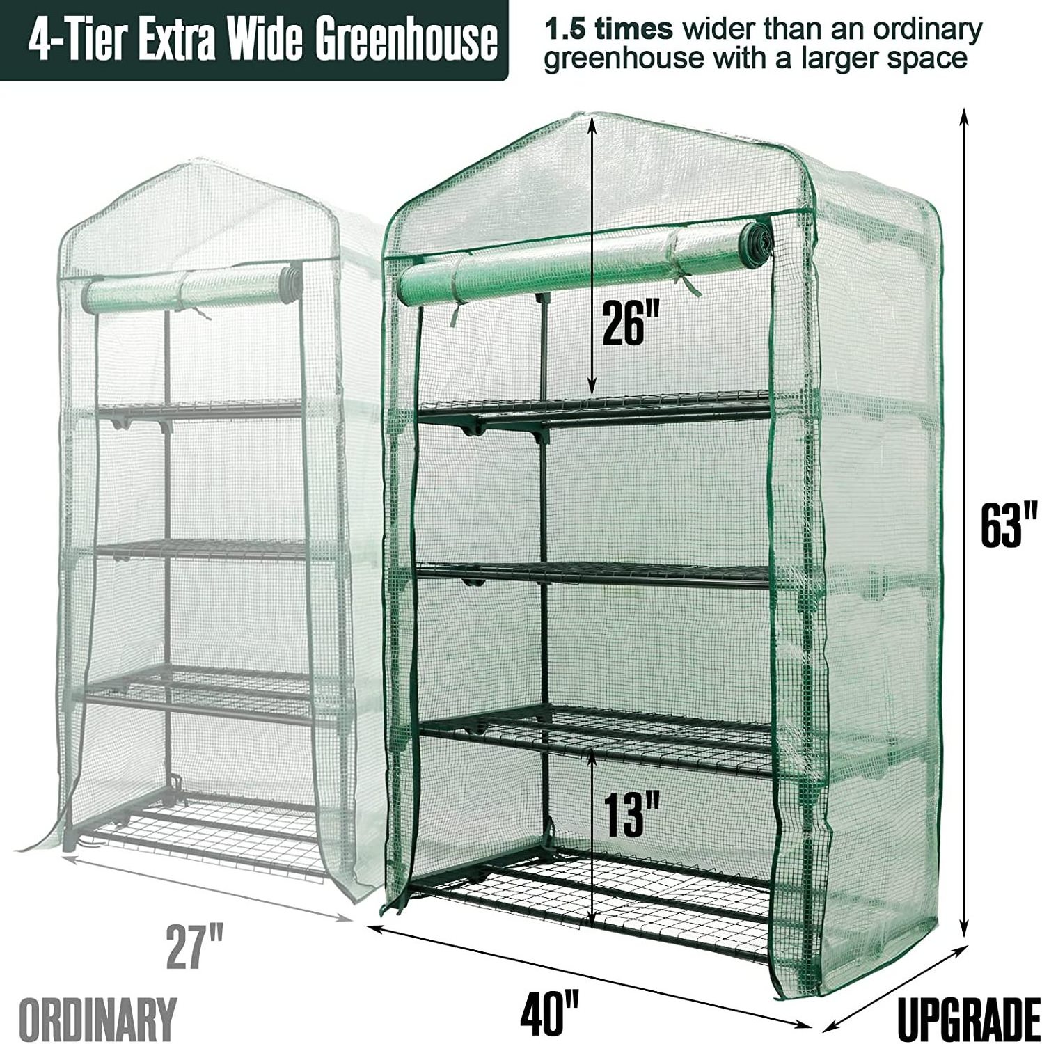 Mini Greenhouse 4 Tier Portable Plant Green House 40in Wide -Sturdy Gardening Shelves with PE Cover & Roll-Up Zipper Door