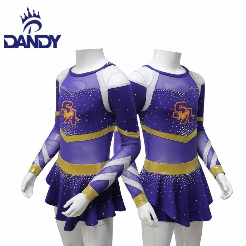 Wholesale Cheer Skirt Blue and Yellow Kids Cheer Uniforms Polyester Little Girls Cheerleading Uniform with Rhinestone