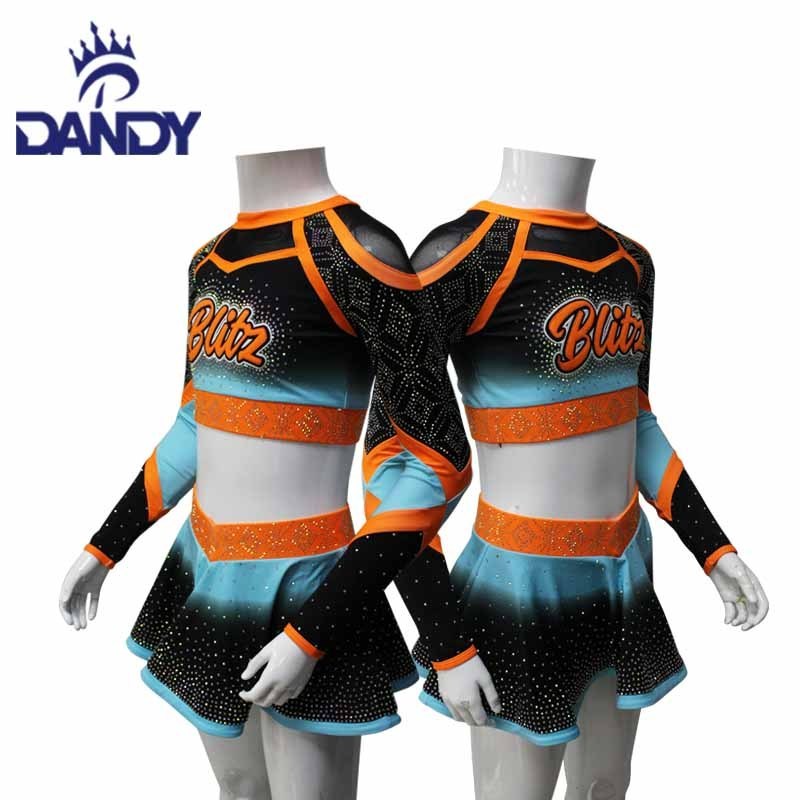 Wholesale Cheer Skirt Blue and Yellow Kids Cheer Uniforms Polyester Little Girls Cheerleading Uniform with Rhinestone