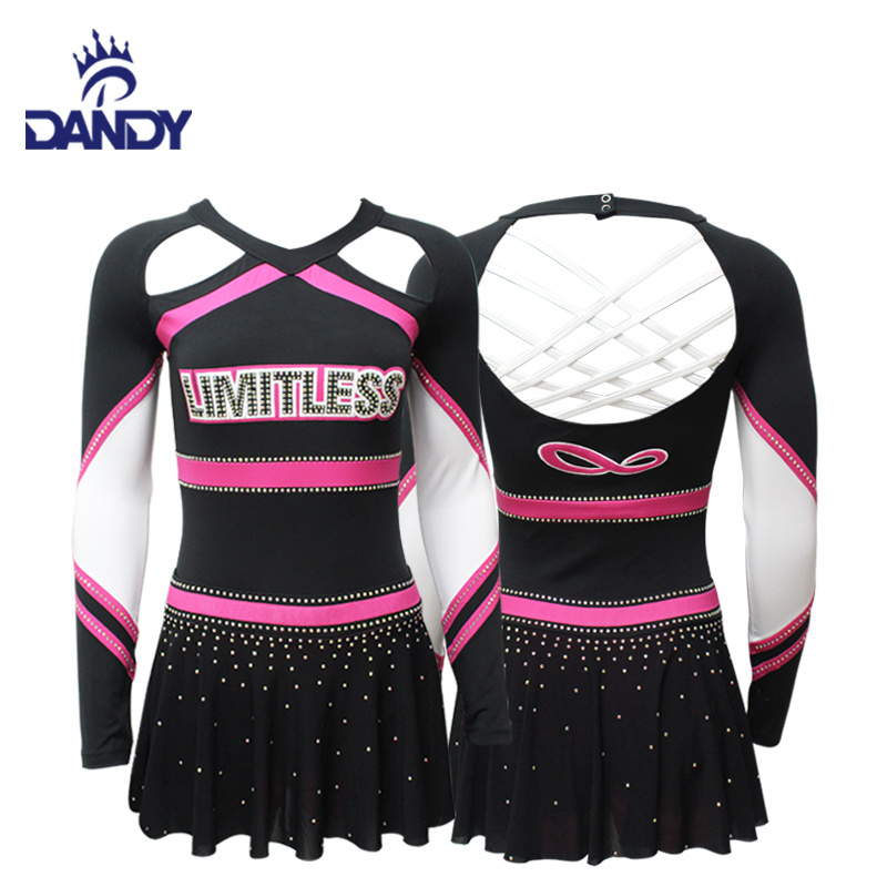 Wholesale Rhinestone Cheerleading Uniformes Design Your Own Logo For Free New Design Red And Black Cheerleaders Costumes