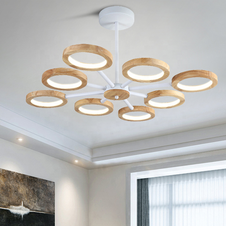 2019 new ring round wood art led big chandelier living room modern muti heads black metal pendant lighting fixtures