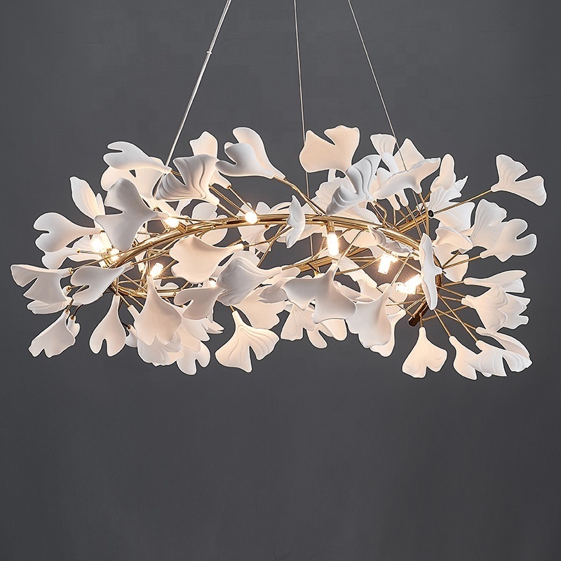 Nordic Gold Indoor Hotel Wedding Ceiling Hanging light Decoration Modern LED maple flower pendant Chandelier lamp