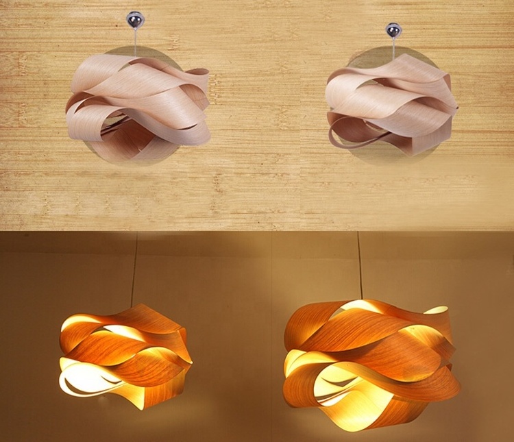 2021 customize creative wood veneer skin carved decoration hanging pendant lamp for dining room