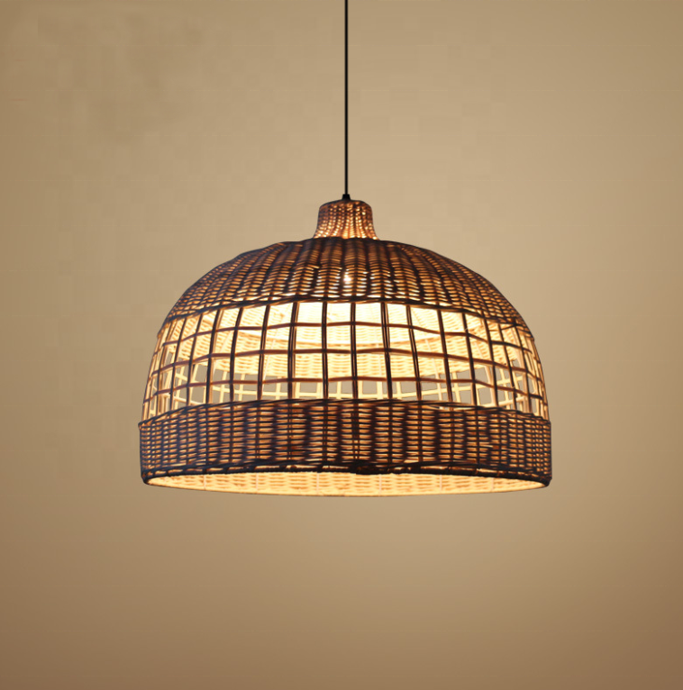 Round antique natural bamboo led ceiling lamp modern decorative art handmade unique rattan hanging pendant light