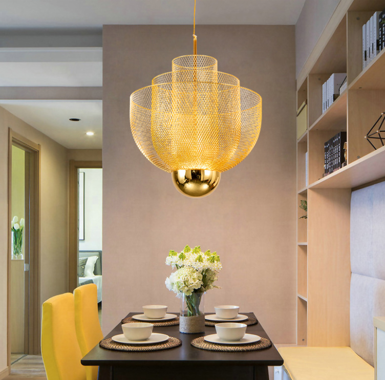 Big modern iron bronze dinning room ceiling hanging lights indoor wire mesh brass cage pendant lamp