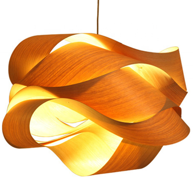 2021 customize creative wood veneer skin carved decoration hanging pendant lamp for dining room