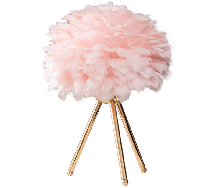 Fancy modern decoration pink feather tripod metal interior bedside nordic table lamp with usb port