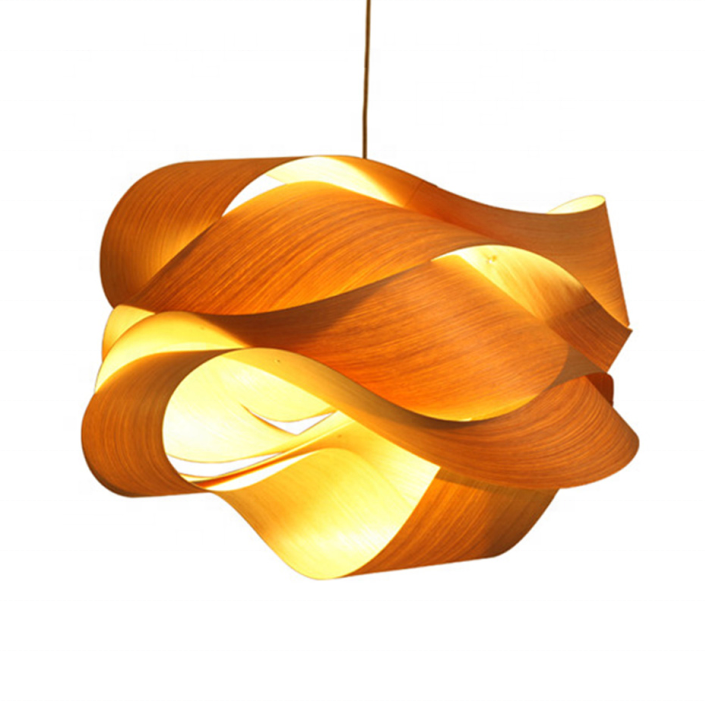 2021 customize creative wood veneer skin carved decoration hanging pendant lamp for dining room